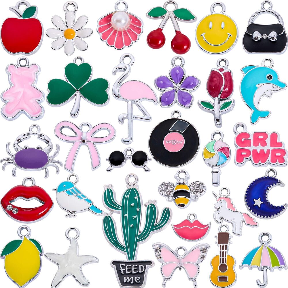 8251 Silver-Tone Enamel Charms Set for DIY Jewelry Making - 30 PCS Colorful